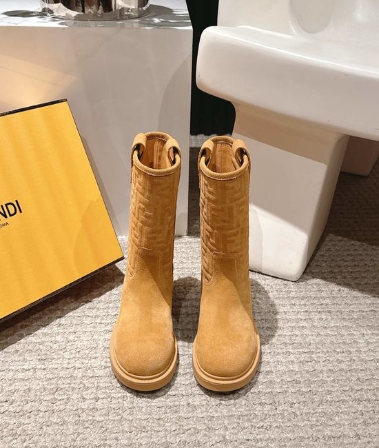 Fendi Suede Leather Embossed Knee High Biker Boots Comfortable