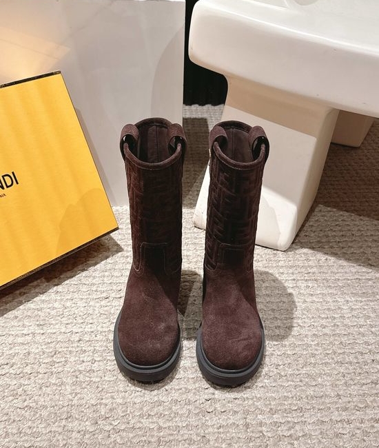 Fendi Suede Leather Embossed Knee High Biker Boots Comfortable