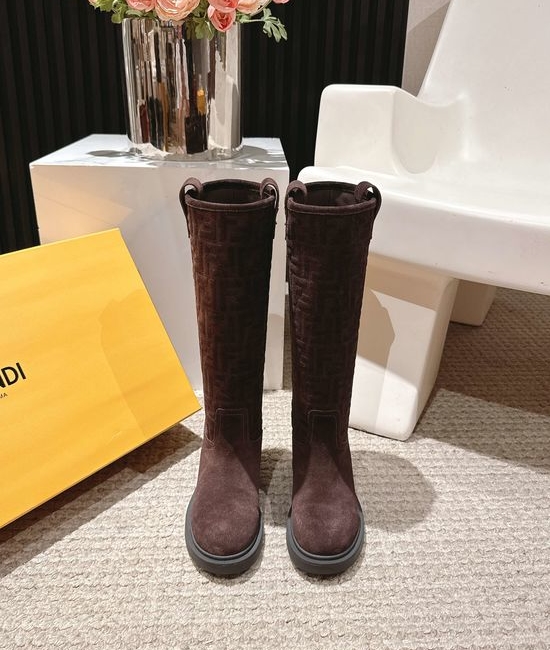 Fendi Suede Embossed Chunky Heel Ankle Boots