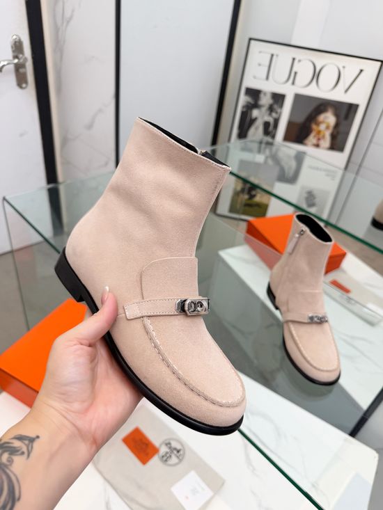 Hermes Metal Buckle Decorated Leather Flat Ankle Boots