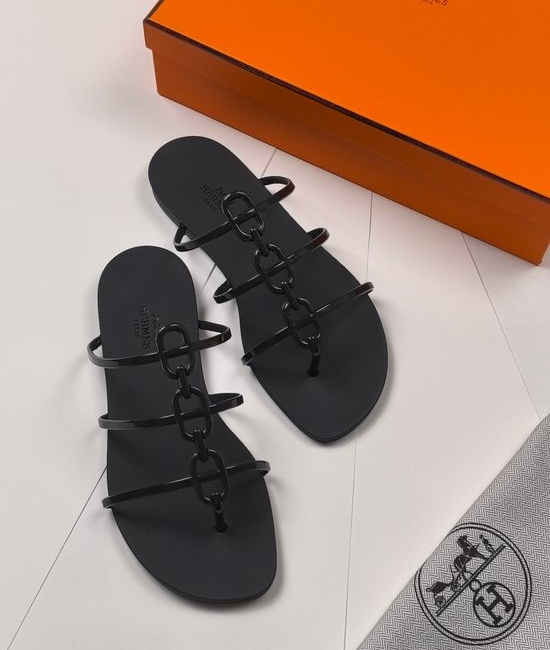 Hermes Chain Decorated Thong Flip Flops with Shiny Sole