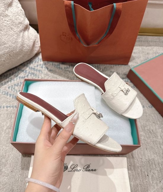Loro Piana Ostrich Pattern Leather Comfortable Casual Slides