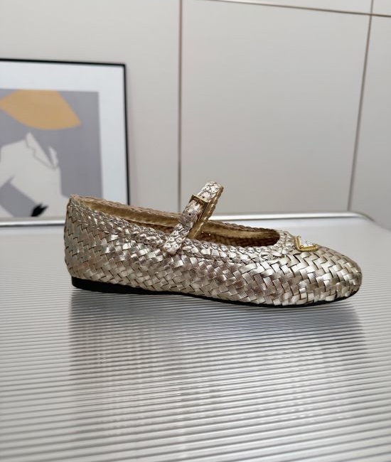Prada Leather Straw Woven Ballet Flat Shoes