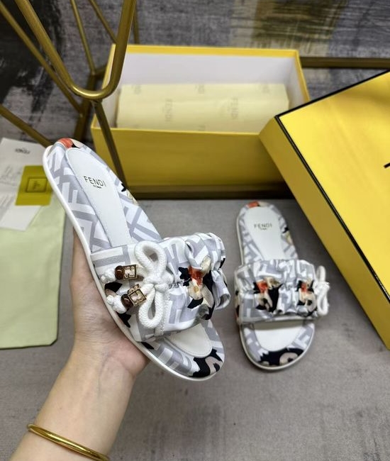 Fendi Satin Bow Flat Slides With Sheepskin Insole
