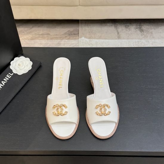 Chanel Classic Emblem Sheepskin Wedge Slide Sandals