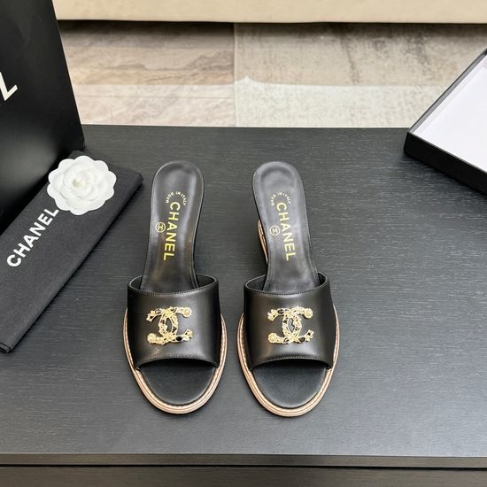 Chanel Classic Emblem Sheepskin Wedge Slide Sandals