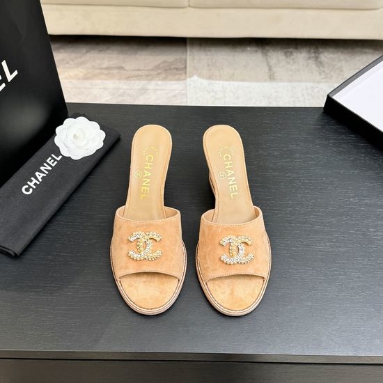 Chanel Classic Emblem Sheepskin Wedge Slide Sandals