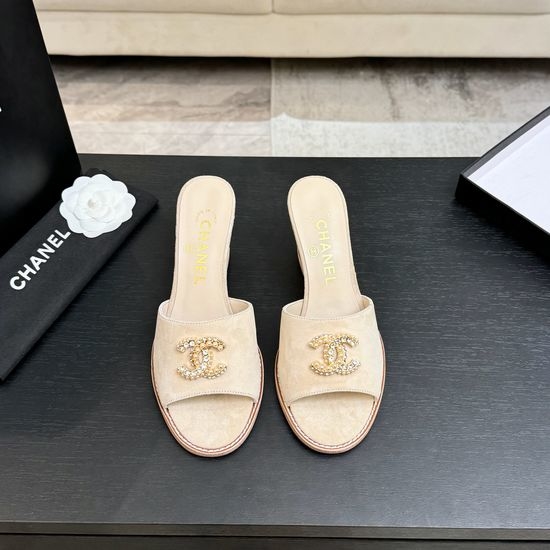 Chanel Classic Emblem Sheepskin Wedge Slide Sandals