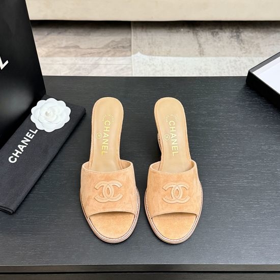 Chanel Classic Emblem Sheepskin Wedge Slide Sandals