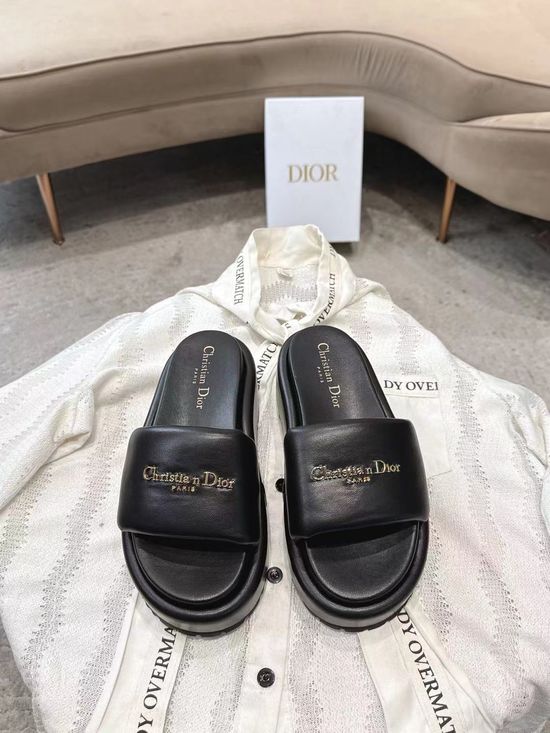 Christian Dior Genuine Leather Strap Slide Sandals with Decorative Buckle