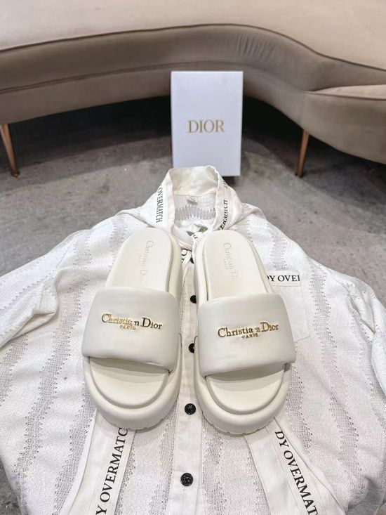 Christian Dior Genuine Leather Strap Slide Sandals with Decorative Buckle