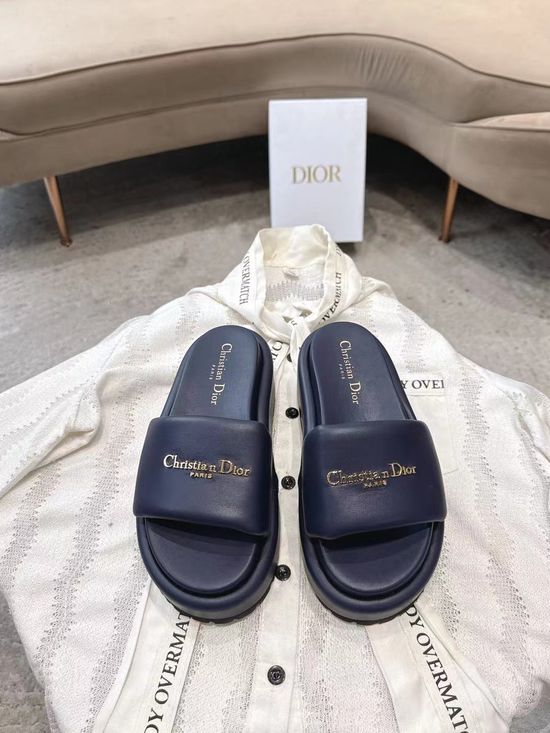Christian Dior Genuine Leather Strap Slide Sandals with Decorative Buckle