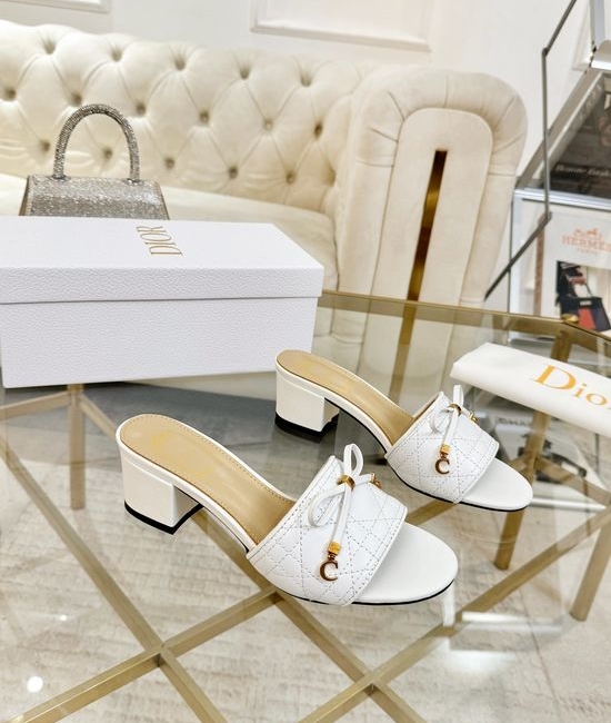 Christian Dior CD Sheepskin Slides With Embroidery Bow Metal Accents