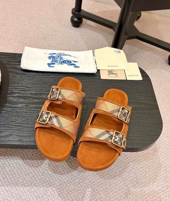 Burberry Suede Adjustable Buckle Plaid Slides Non-slip Sole