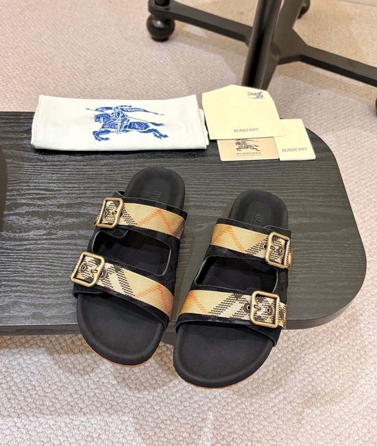 Burberry Suede Adjustable Buckle Plaid Slides Soft Lining