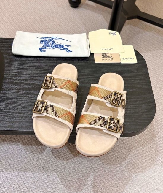 Burberry Suede Adjustable Buckle Plaid Slides Soft Lining