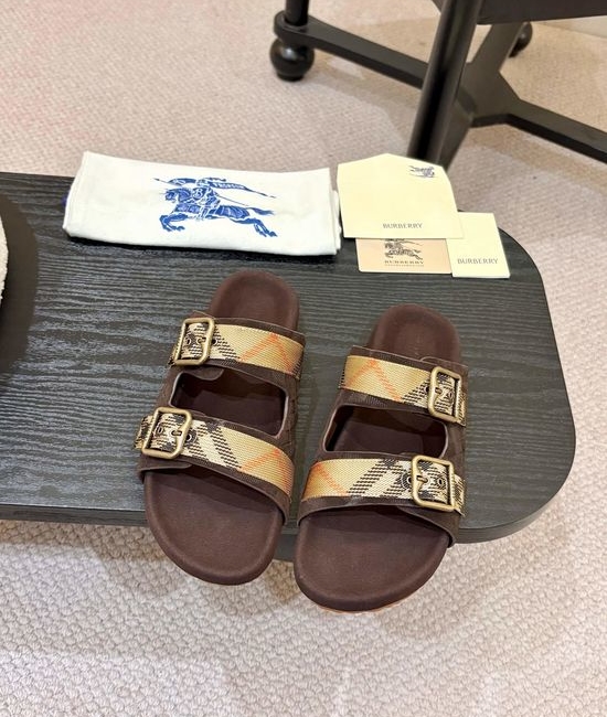 Burberry Suede Adjustable Buckle Plaid Slides Soft Lining