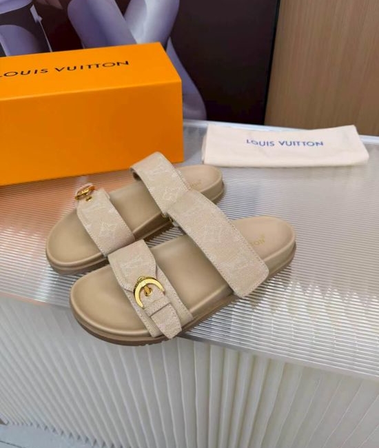 Louis Vuitton LV Cowhide Canvas Lined Slides Comfort Sandals