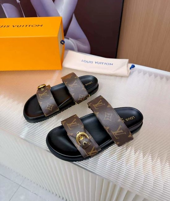 Louis Vuitton LV Cowhide Canvas Lined Slides Comfort Sandals