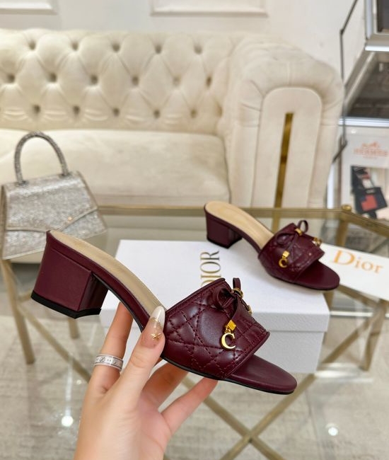 Christian Dior CD Embroidered Bow Decor Leather Slippers with Hardware Accent