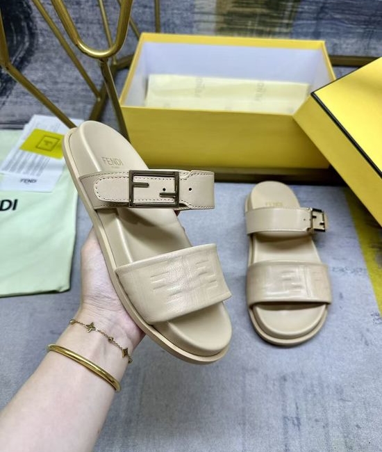 Fendi Dual Strap Embossed Pattern Flat Slide Sandals