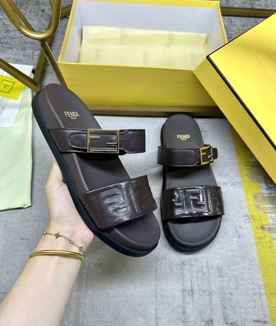 Fendi Dual Strap Embossed Pattern Flat Slide Sandals