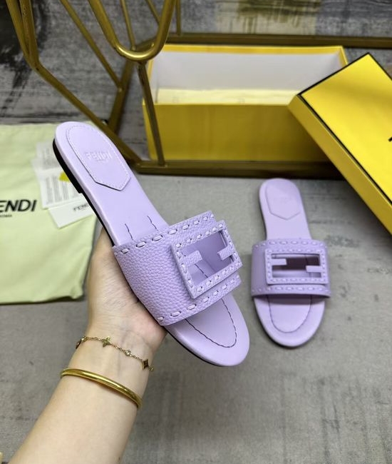 Fendi Wide Strap Flat Slides with Tone-on-Tone Pattern