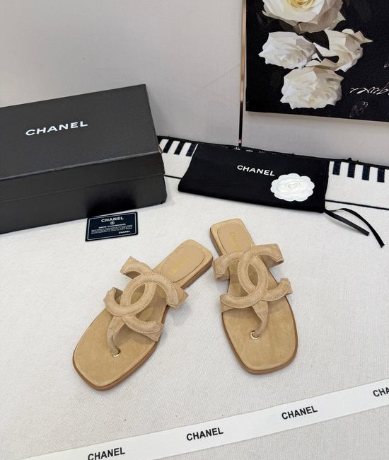 Chanel Logo Decor Leather Slip On Thong Sandals