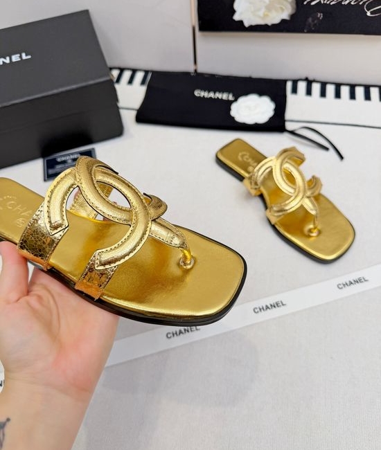 Chanel Logo Decor Leather Slip On Thong Sandals