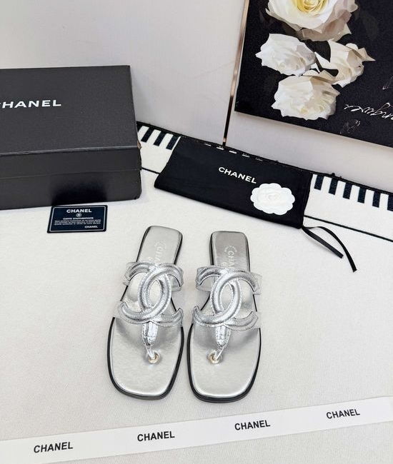 Chanel Logo Decor Leather Slip On Thong Sandals