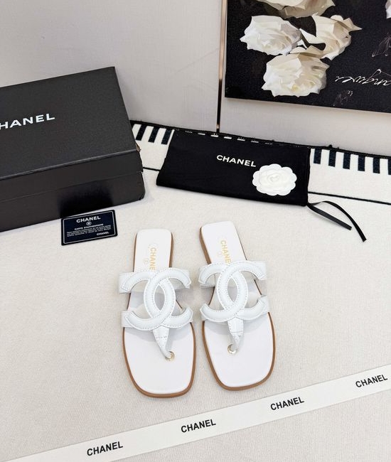 Chanel Logo Decor Leather Slip On Thong Sandals