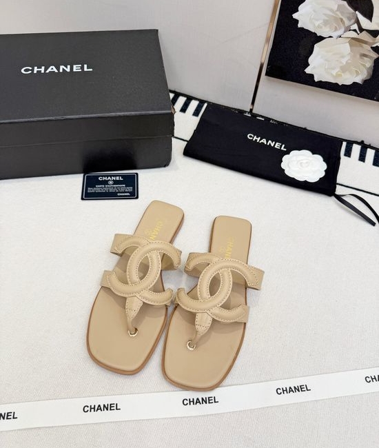 Chanel Logo Decor Leather Slip On Thong Sandals