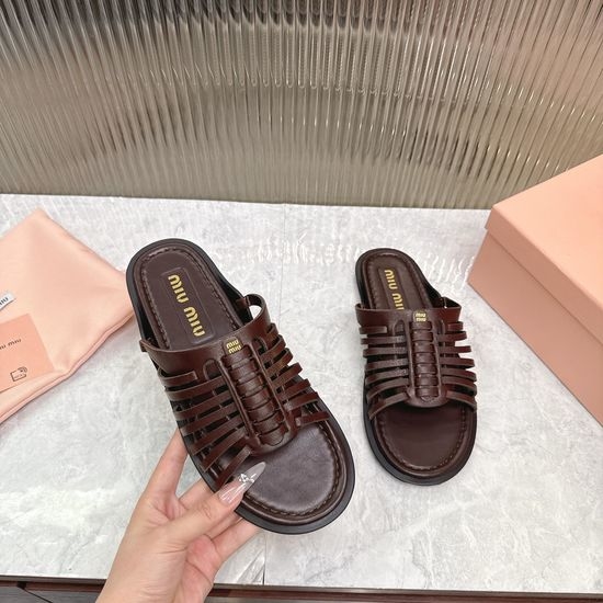 Miu Miu Genuine Leather Soft Flat Slides Non-slip Sole