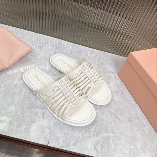 Miu Miu Genuine Leather Soft Flat Slides Non-slip Sole