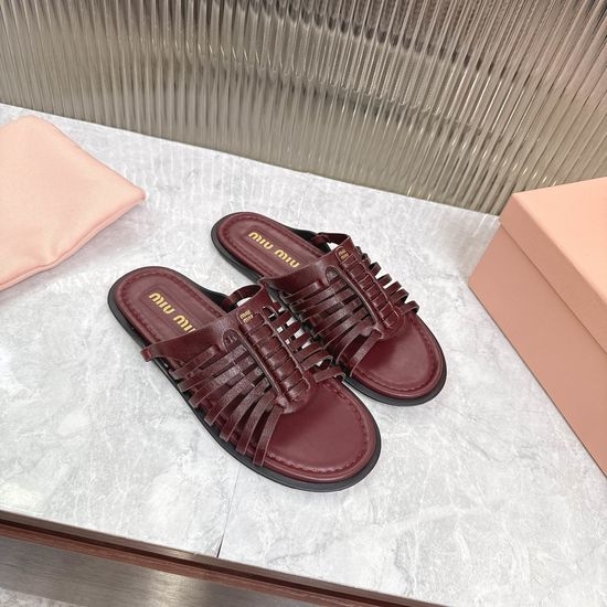 Miu Miu Genuine Leather Soft Flat Slides Non-slip Sole