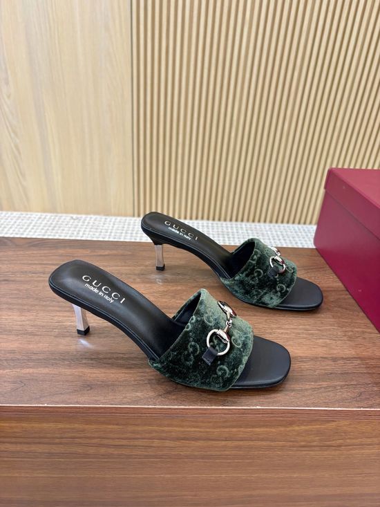 Gucci Monogram Pattern High Heel Slides Premium Leather Outsole