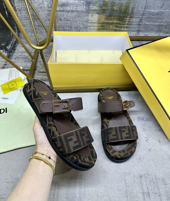 Fendi Dual Strap Coffee Leather Flat Slides with Fabric Pattern