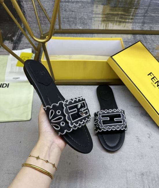 Fendi Wide Strap Hollow Embroidery Flat Slide Sandals