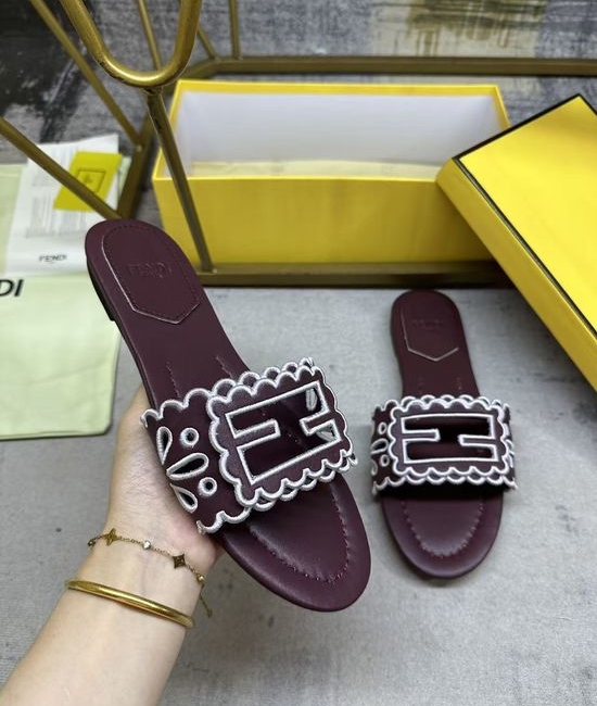 Fendi Wide Strap Hollow Embroidery Flat Slide Sandals