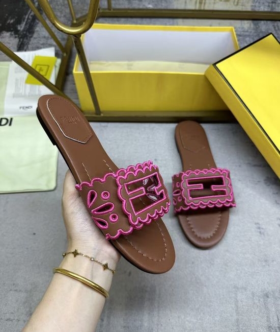 Fendi Wide Strap Hollow Embroidery Flat Slide Sandals