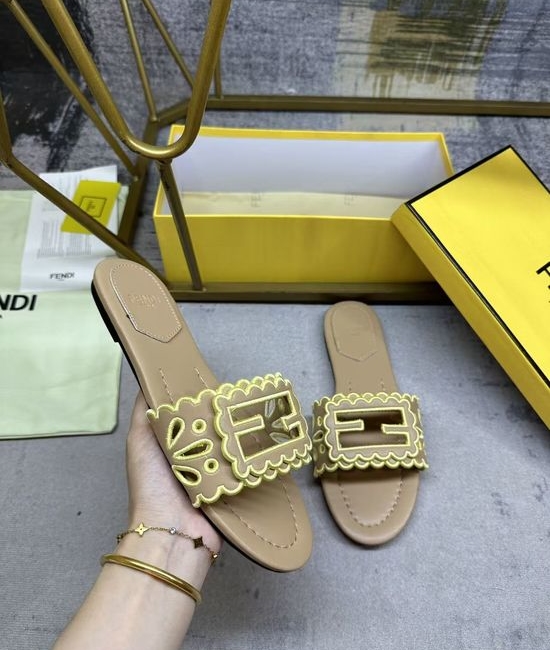 Fendi Wide Strap Hollow Embroidery Flat Slide Sandals