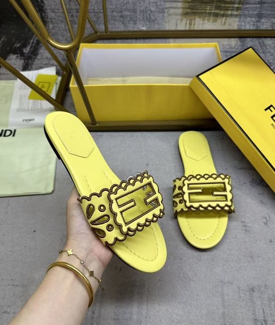 Fendi Wide Strap Hollow Embroidery Flat Slide Sandals