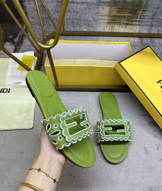 Fendi Wide Strap Hollow Embroidery Flat Slide Sandals