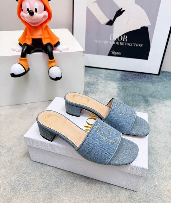 Christian Dior CD Embroidered Denim Wide Strap Comfort Heeled Slides