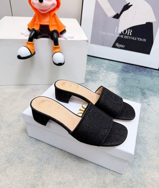 Christian Dior CD Embroidered Denim Wide Strap Comfort Heeled Slides