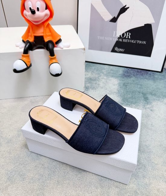 Christian Dior CD Embroidered Denim Wide Strap Comfort Heeled Slides