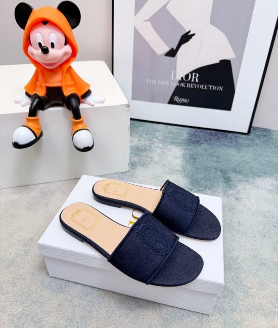 Christian Dior CD Embossed Denim Slip On Chunky Heel Casual Sandals