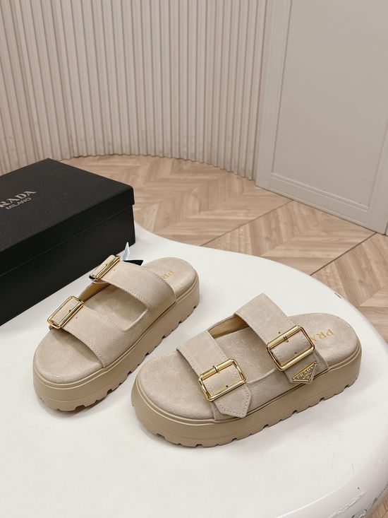 Prada Rhinestone Decor Adjustable Hook-loop Platform Slides
