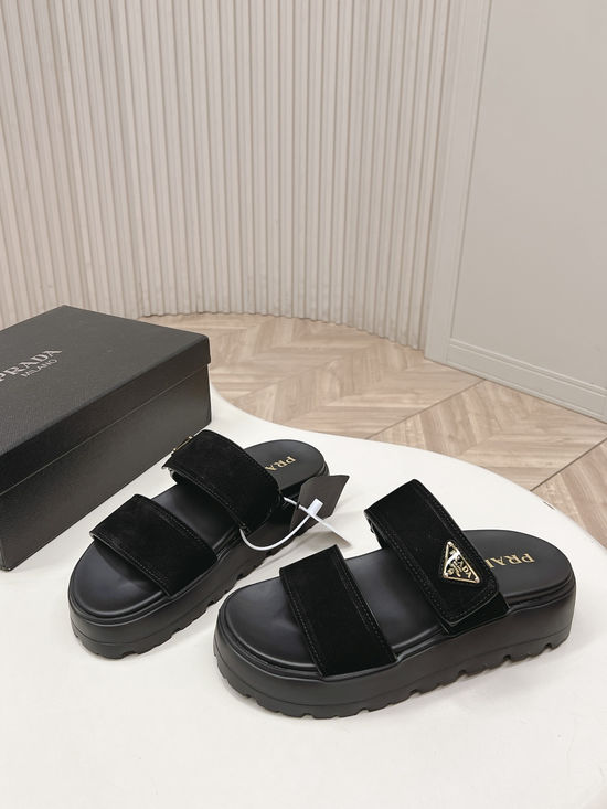 Prada Rhinestone Decor Adjustable Hook-loop Platform Slides
