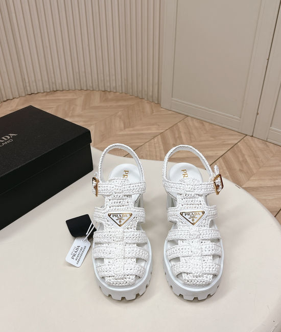 Prada Hand Woven Round Toe Chunky Heel Sandals